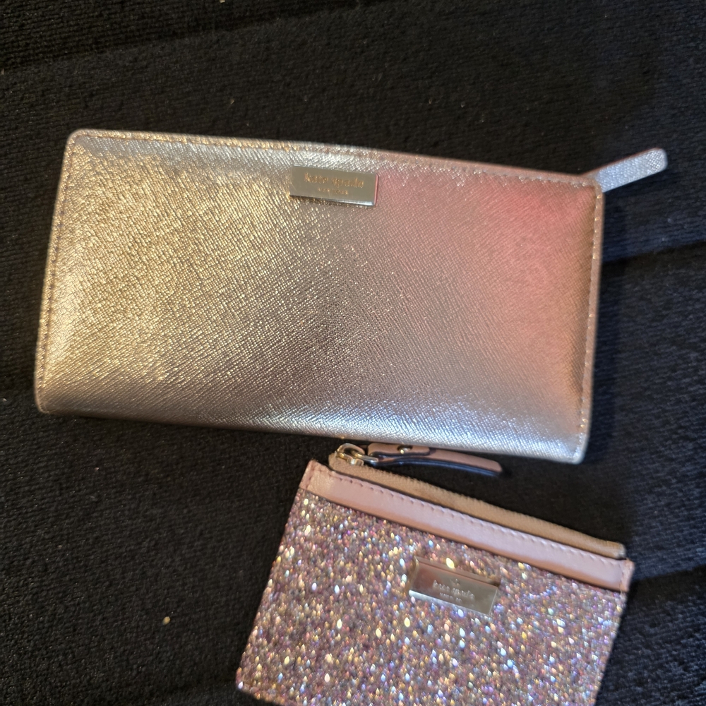 KATE SPADE 2-Set Metallic Rose Gold Long Wallet with Pink Glitter Card Pouch